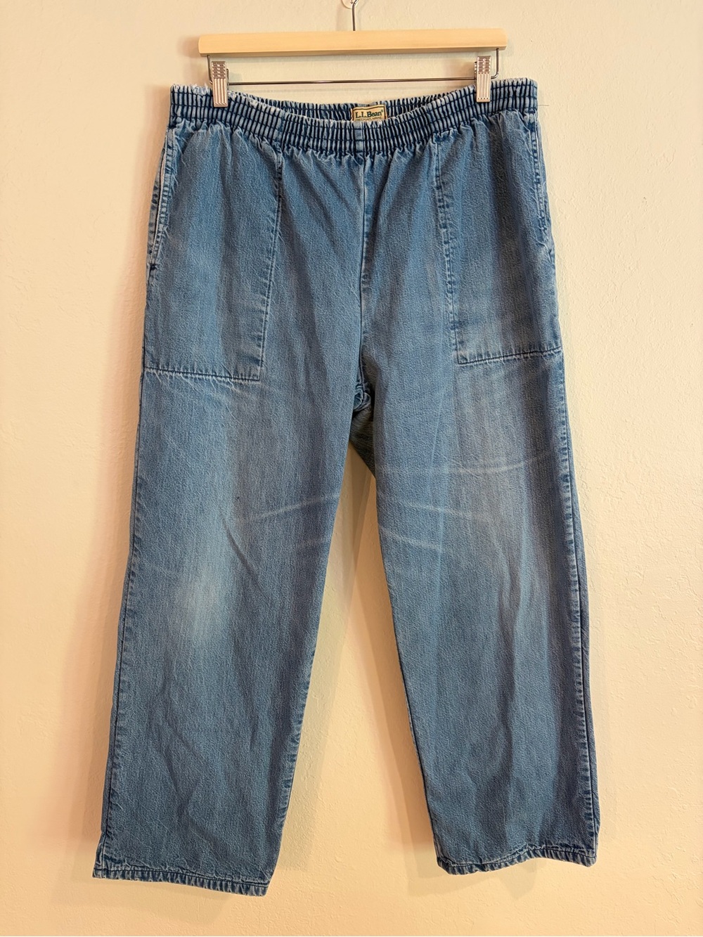 LL Bean Vintage Lined Elastic Waist Denim Jeans Blue White Stripe Lined XL 14